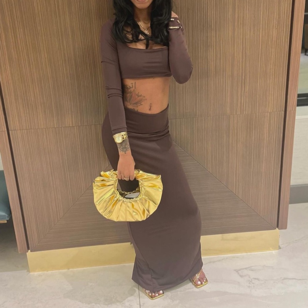 BROWN PLT DRESS